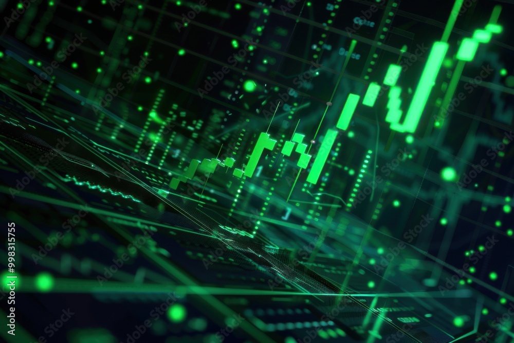 Imagine a stock market graph with green upward arrows on a high-tech digital background with financial indicators Imagine a stock market graph with green upward arrows on a high-tech digital background with financial indicators