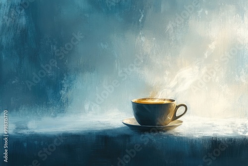 A Single Cup of Coffee with Steam on a Tabletop Against a Blue Background