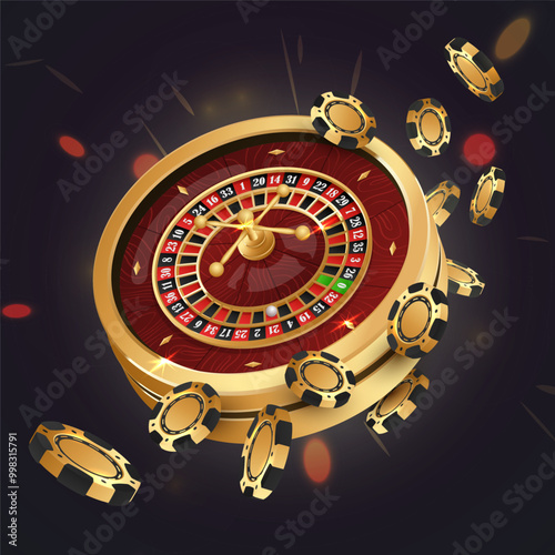 Golden falling poker chips, tokens with gold casino roulette wheel on black background. Vector illustration for casino, game design, advertising