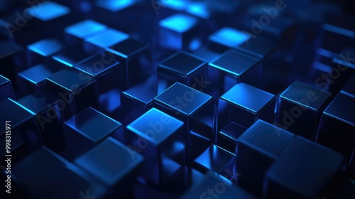 Glowing blue geometric shapes create a luminescent effect on a dark background perfect for themes related to technology and innovation