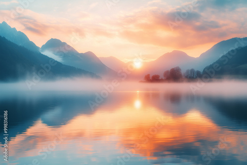 Tranquil Sunrise Over Misty Lake with Majestic Mountain Backdrop