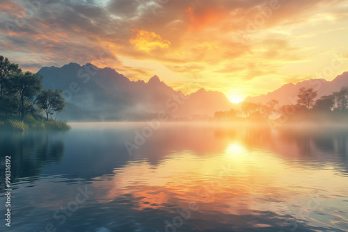 Tranquil Sunrise Over Misty Lake with Majestic Mountain Backdrop