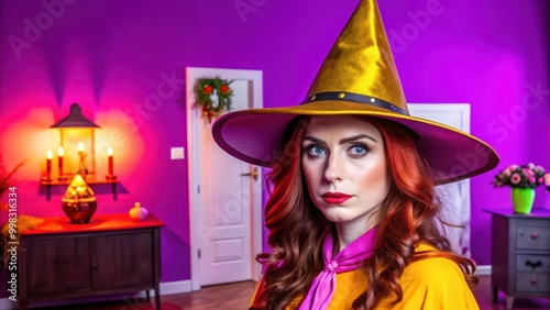 A Woman Dressed as a Witch With a Large Gold Hat