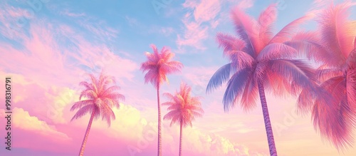 Vibrant palm trees set against a surreal sky in a vertical 2d illustration A summer beach party theme featuring pastel colors and ample blank space for creative use