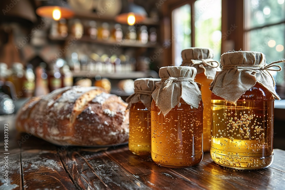 A table with jars of honey and a loaf of bread