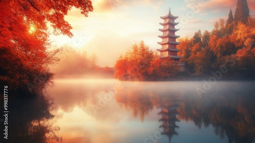 Traditional Chinese pagoda surrounded by autumn foliage, reflected in a tranquil lake at sunrise, misty landscape scene.