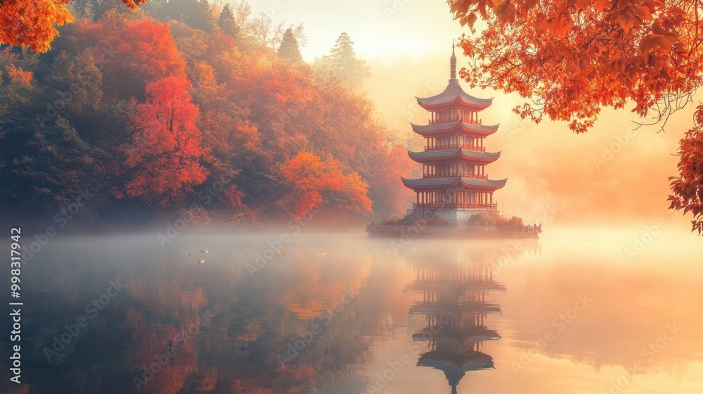 Fototapeta premium Traditional Chinese pagoda surrounded by autumn foliage, reflected in a tranquil lake at sunrise, misty landscape scene.