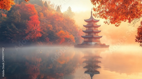 Traditional Chinese pagoda surrounded by autumn foliage, reflected in a tranquil lake at sunrise, misty landscape scene.