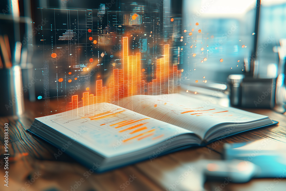 An open notebook with pages transforming into flowing data visualizations, showcasing vibrant orange graphs and charts. This image captures fusion of creativity and technology in data analysis An open notebook with pages transforming into flowing data visualizations, showcasing vibrant orange graphs and charts. This image captures fusion of creativity and technology in data analysis