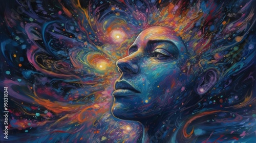 A vibrant cosmic portrait representing consciousness and creativity.