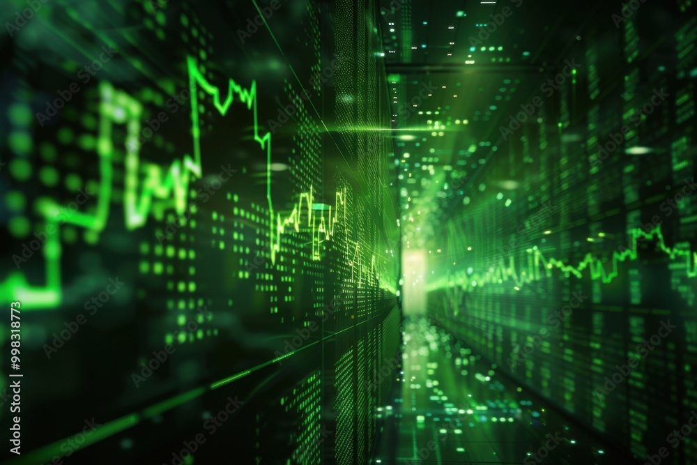 Imagine a stock market graph with green upward arrows on a high-tech digital background with financial indicators Imagine a stock market graph with green upward arrows on a high-tech digital background with financial indicators