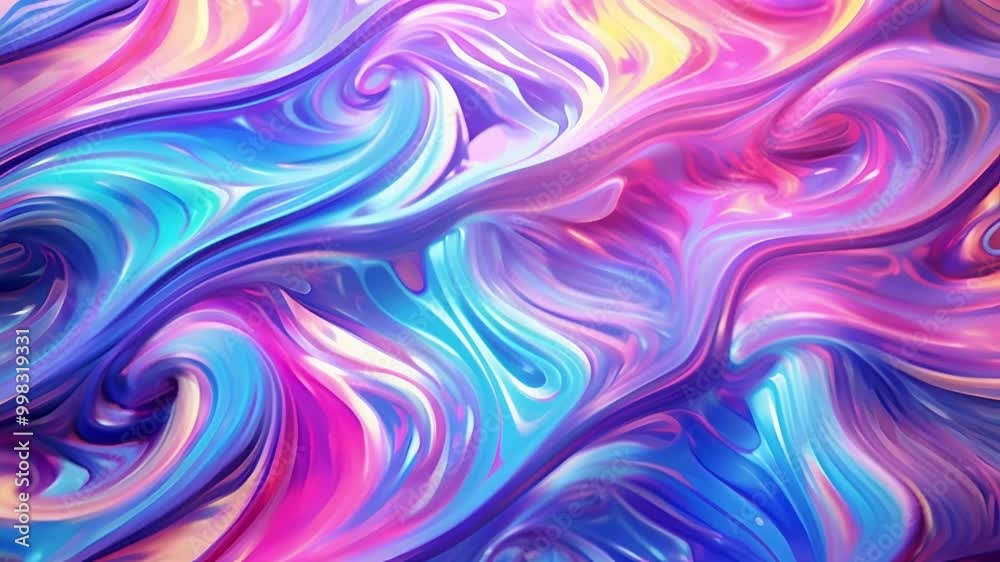 Shiny holographic waves of liquid paint flow gracefully, blending vibrant colors in mesmerizing patterns and creating a captivating visual