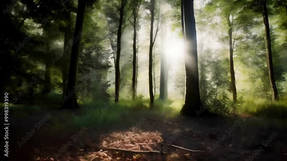 Golden beams of sunlight break through the thick canopy of trees, illuminating the forest floor in a peaceful and enchanting scene Golden beams of sunlight break through the thick canopy of trees, illuminating the forest floor in a peaceful and enchanting scene