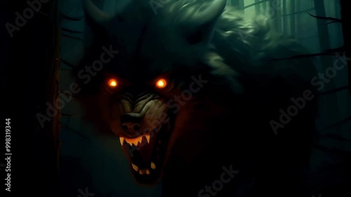 A massive, enraged werewolf with glowing red eyes prowls the dark streets at night, exuding a terrifying sense of danger and power