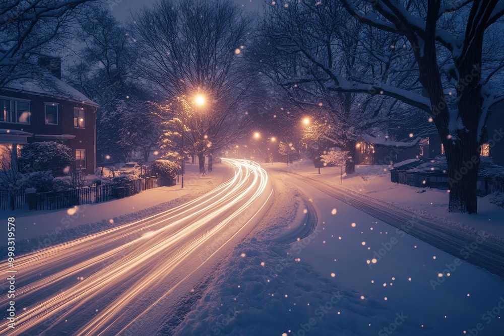Snowy Suburban Street with Light Trails and Falling Snow Snowy Suburban Street with Light Trails and Falling Snow