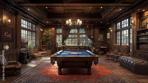 Luxury Game Room Interior Design with Pool Table and Dark Wood photo