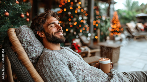 A man sits comfortably, savoring a warm drink while festive lights illuminate the cozy space around him during the holiday season photo