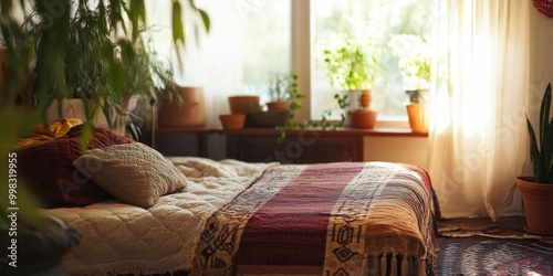 Serene Bedroom with Sunlit Window photo