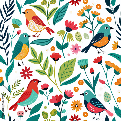 Wallpaper Mural Aesthetic Birds and Floral Whimsy Vector Pattern – Bright, Cheerful Nature Illustration Torontodigital.ca