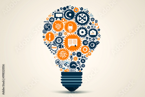 Innovative lightbulb design featuring interconnected gears and icons, symbolizing creativity and technology. This unique illustration represents ideas and inspiration photo