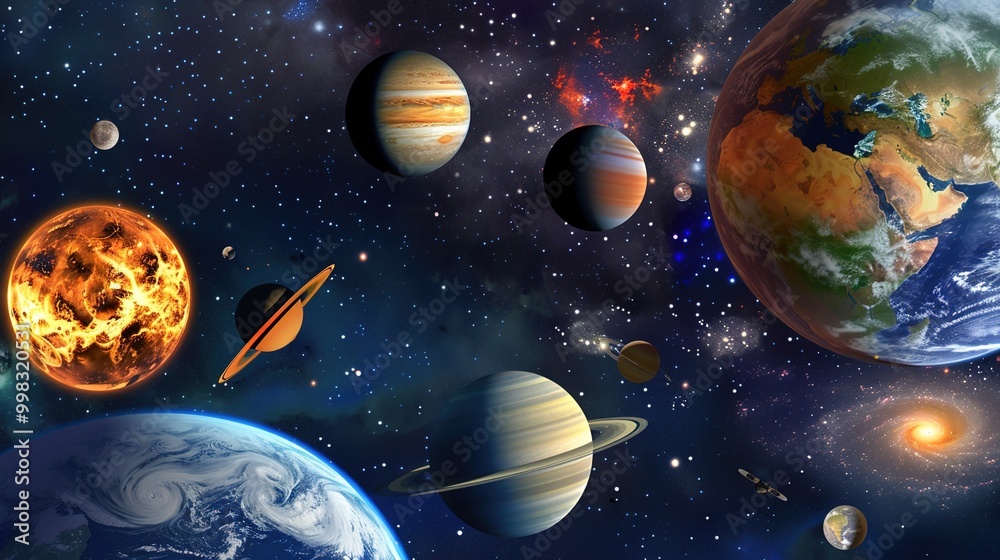 A captivating image of a space scene featuring various planets and stars. Perfect for use in science fiction projects or educational materials A captivating image of a space scene featuring various planets and stars. Perfect for use in science fiction projects or educational materials