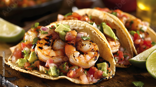 Three shrimp tacos filled with grilled shrimp, tomatoes, avocado, and onions, served with lime wedges. photo