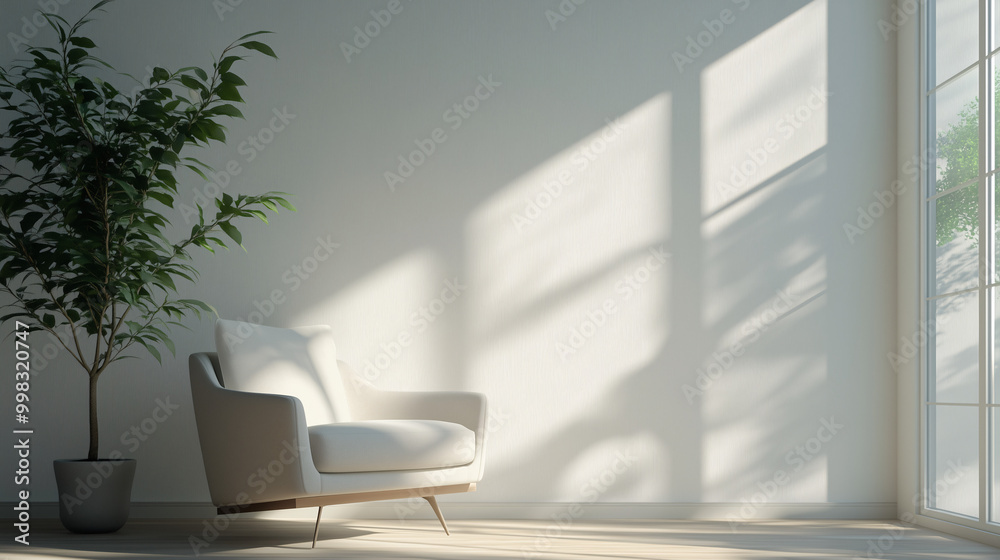 Reading nook with a modern armchair, a single plant, and a large window offering natural light. Clean, minimalist design with soft shadows Reading nook with a modern armchair, a single plant, and a large window offering natural light. Clean, minimalist design with soft shadows