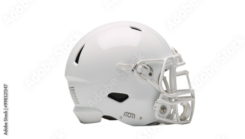 Football helmet is depicted isolated as an intricately detailed transparent PNG file photo