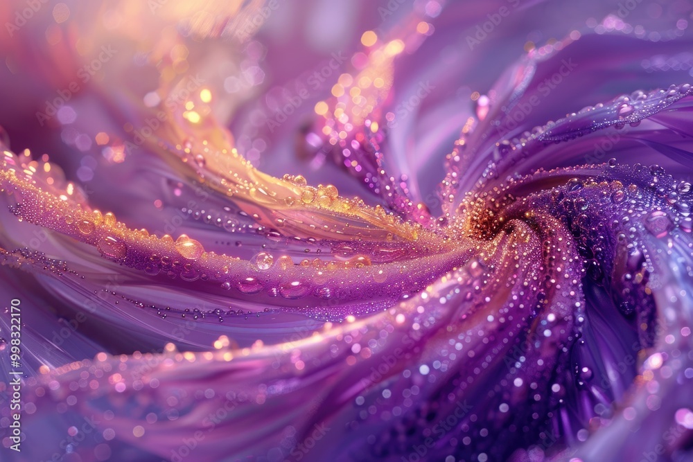 Obraz premium Abstract Purple and Gold Swirl with Dewdrops - Fluid Art