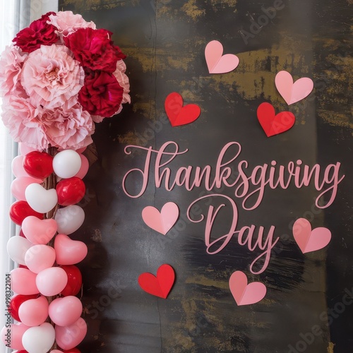 Pink Happy Thanks Giving Day Table Decor,A sign for thanksgiving day is displayed written on a Pink Theme Decoration, Celebration of thanks giving day for printing, best wishing cards, gifts photo