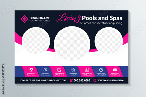 luxury pools and spas horizontal posters banner design template.circle shape for photo space. infographic with text and icon. combination purple and pink colos on element isolated on white background.