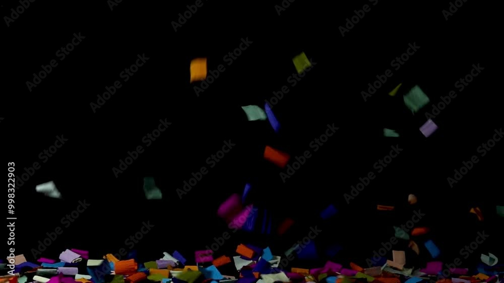 Vibrant and colorful confetti falls gracefully on black background in slow motion, cascade drop from middle spreads across surface Vibrant and colorful confetti falls gracefully on black background in slow motion, cascade drop from middle spreads across surface