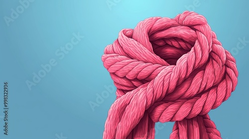 Cozy pink wool scarf intertwined with ropes, soft texture, warm accessory, perfect for chilly days, adds charm and style to outfits photo