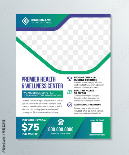 Minimalistic spa and healthcare design brochure. premier health and wellness center creative flyer template. vertical layout with purple green gradient colors on element with photo space.