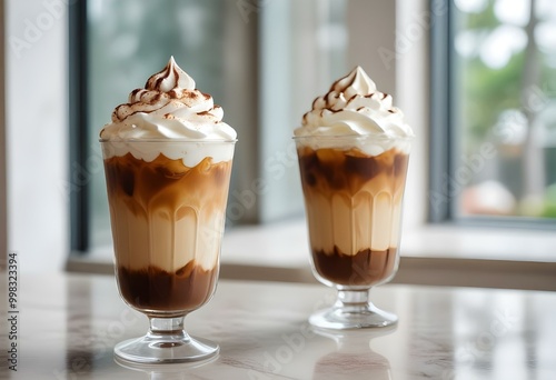 A glass of iced coffee and a glass of whipped cream coffee drink