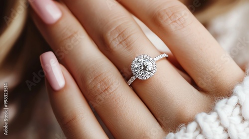 A close-up of a sparkling diamond engagement ring on a woman's finger, elegantly showcasing the intricate design and shine.