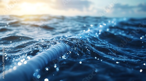 A fiber-optic cable gently descending from a specialized ship into the ocean, with the water’s surface shimmering under the sun. The cable’s high-tech structure is clearly visible. photo