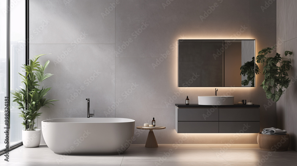 Simple bathroom with light gray walls, minimalist cabinetry, and a frameless mirror. Clean design with a focus on space and elegance Simple bathroom with light gray walls, minimalist cabinetry, and a frameless mirror. Clean design with a focus on space and elegance