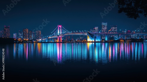 A night view of futuristic skyline, featuring Rainbow Bridge and the giant Gundam statue, reflecting off the calm waters of Tokyo Bay.