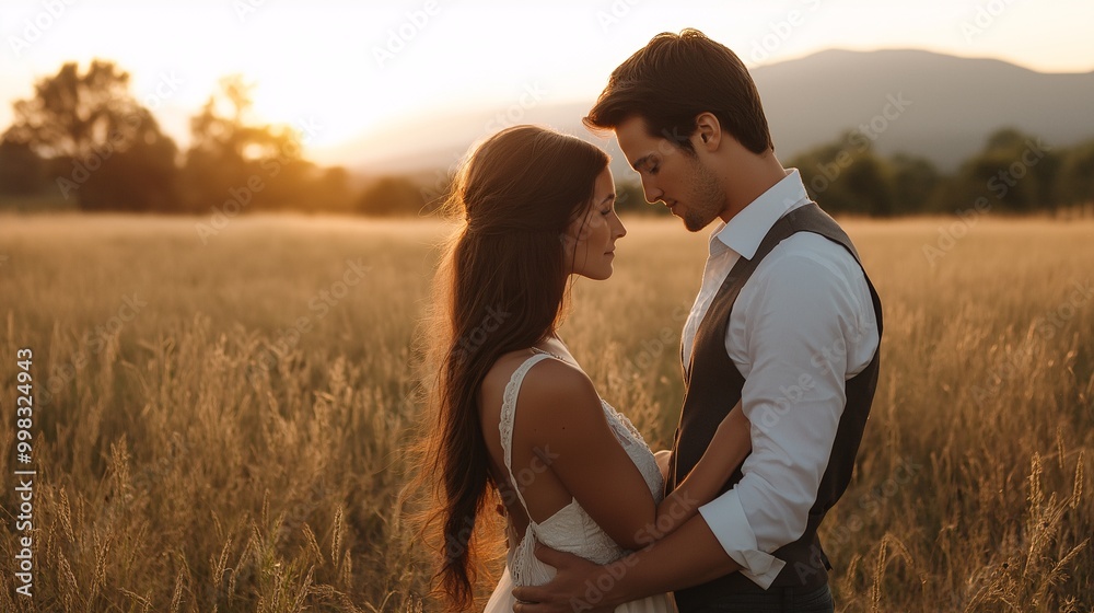 Romantic Couple Embracing at Sunset in Nature Romantic Couple Embracing at Sunset in Nature