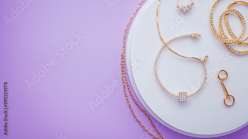 Elegant gold jewelry arranged on a minimalist white plate against a soft purple background, perfect for fashion and accessory themes.