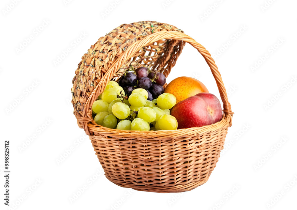 A woven basket full of various fruit.
A woven basket full of various fruit.
