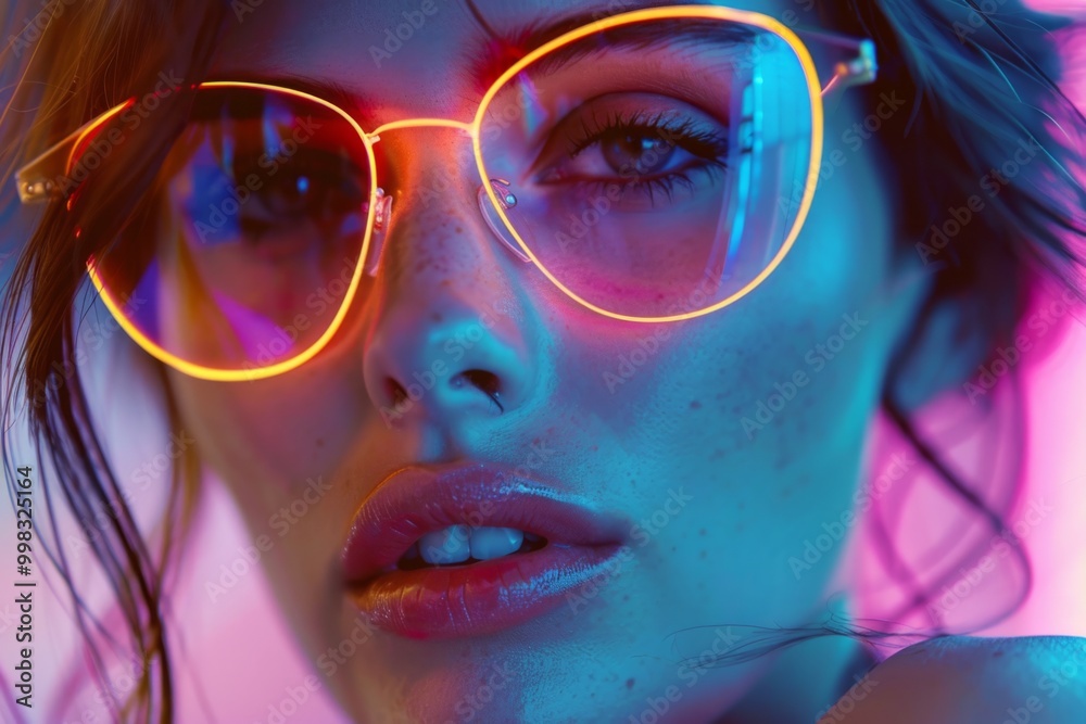 A close-up portrait of a woman wearing colorful sunglasses against a vibrant neon backdrop in a studio setting