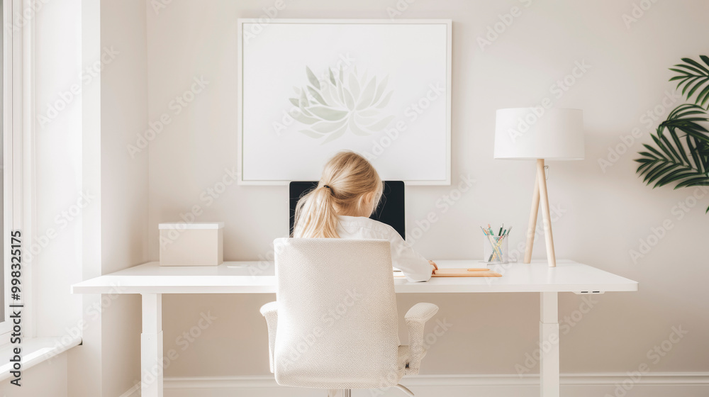 Professional Woman Working at a Minimalist Home Office Desk Professional Woman Working at a Minimalist Home Office Desk