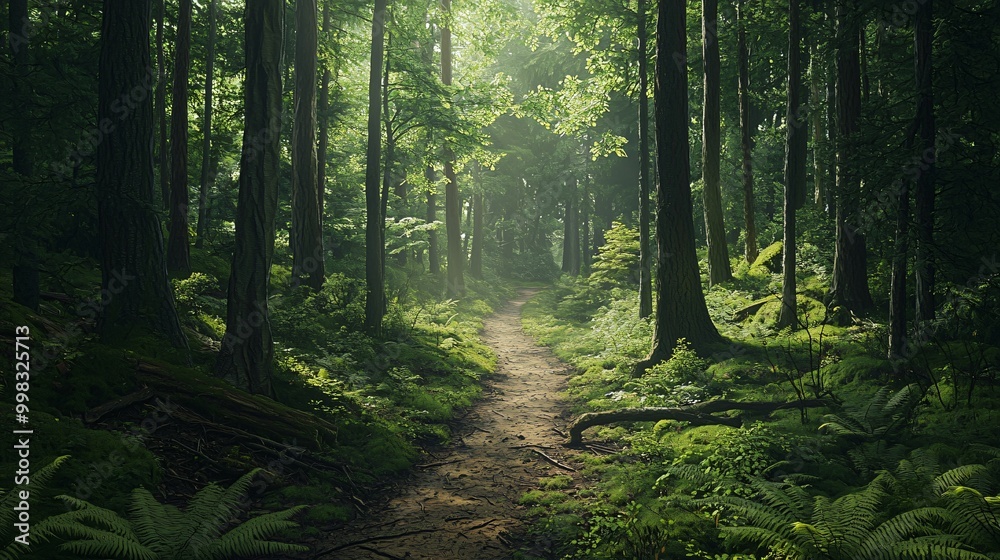 Obraz premium A path through a lush green forest, dappled sunlight filtering through the canopy.