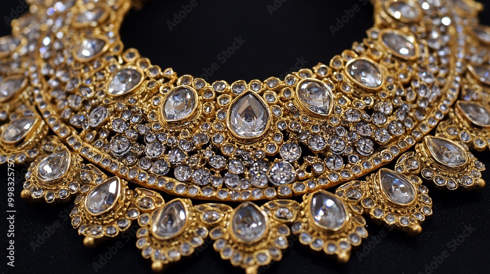 Exquisite golden necklace adorned with sparkling gemstones, showcasing intricate design and luxurious craftsmanship. Exquisite golden necklace adorned with sparkling gemstones, showcasing intricate design and luxurious craftsmanship.