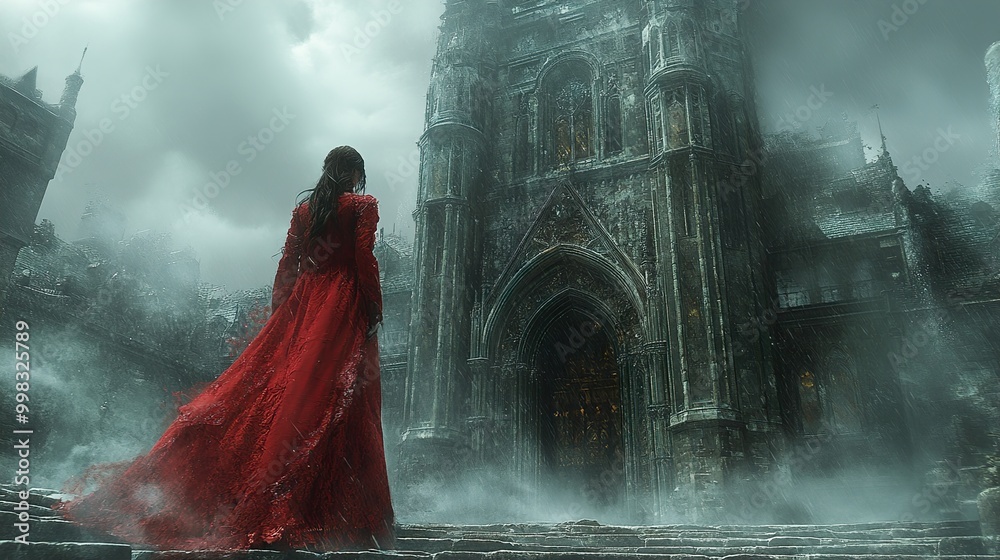 A Woman in Red Stands Before a Gothic Cathedral in the Mist A Woman in Red Stands Before a Gothic Cathedral in the Mist