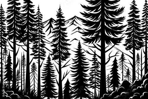 Majestic Forest Silhouette with Pine Trees and Mountains