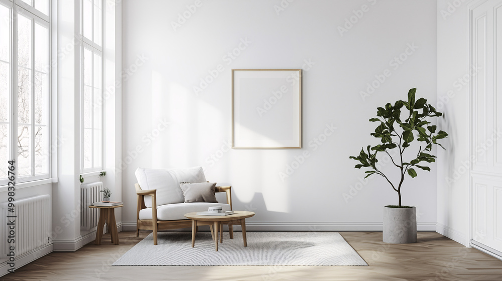 Simple Scandinavian living room setup with white walls, wooden flooring, a potted plant in the corner, and minimal decor Simple Scandinavian living room setup with white walls, wooden flooring, a potted plant in the corner, and minimal decor