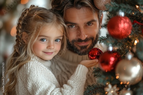 Portrait of a father and daughter decorating a Christmas tree. Christmas concept. Happy family decorating christmas tree